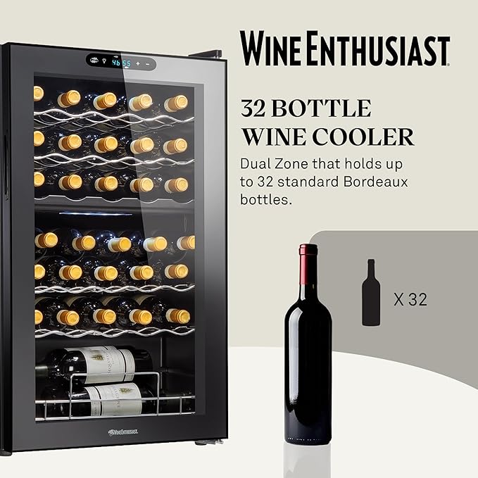 Wine Enthusiast 32-Bottle Dual Zone MAX Compressor Wine Cooler – Freestanding Mini Fridge with Digital Touchscreen, LED Display, Split Storage for Red & White Wines, Matte Black Refrigerator Home Bar