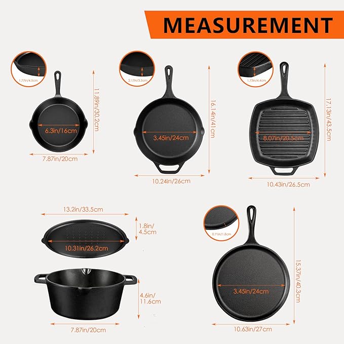 6 Piece Pre-Seasoned Cast Iron Cookware Set – Incl. 5QT Dutch Oven with Lid, 8'' and 10.25'' Cast Iron Skillets, 10.5'' Round Griddle, and a Square Grill Pan for Kitchen, Stovetop, & Camping