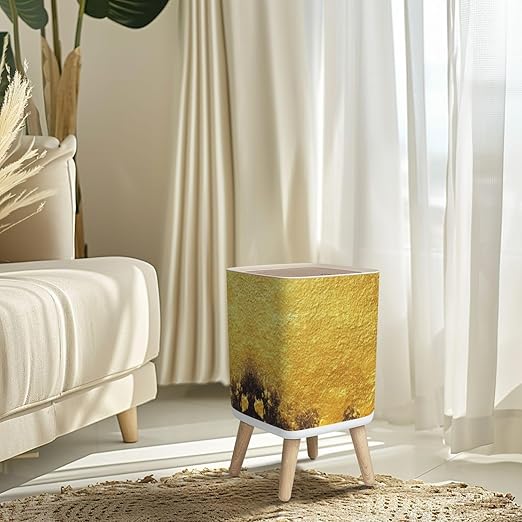 Small Trash Can with Lid Gold texture for cover cards flyers poster Bronze paint Stone backdrop Wastebasket with Press Cover Dog Proof Garbage Can Waste Bin for Kitchen Bathroom Nursery 2.6 Gallon