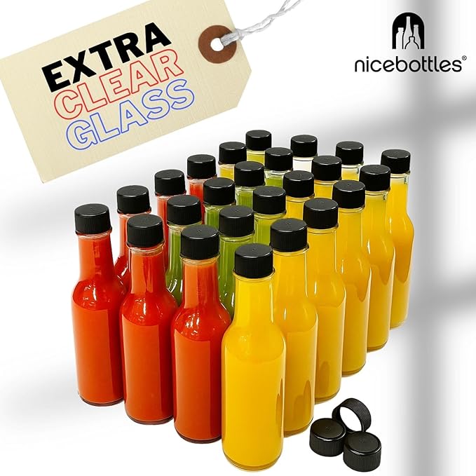 Hot Sauce Bottles with Shrink Bands, 5 Oz (Red Caps, 12 Pack)