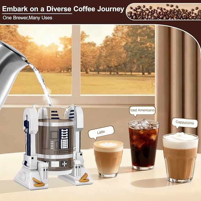 TEENKON French Press Insulated 304 Stainless Steel Coffee Maker, 32 Oz Robot R2D2 Hand Home Coffee Presser, with Filter Screen for Brew Coffee and Tea (White)