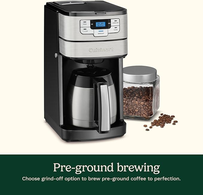 Cuisinart Automatic Grind & Brew 10-Cup Coffee Maker with Blade Grinder, Programmable Coffee Machine Glass Carafe with 1-4 Cup Setting, Brew Pause, Grind-Off Option, DGB-450NAS, Black/Stainless Steel