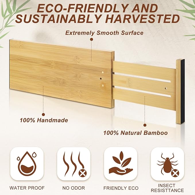 DoubleFill 4 Pcs Deep Bamboo Drawer Dividers, Deep Kitchen Dresser Drawer Organizer with Spring Loaded for Clothes, Adjustable Expandable from 15-22 Inch (Wood Color,6 Inch)