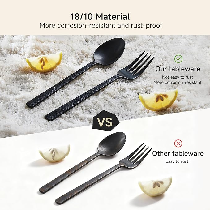 KINGSTONE 24 Pcs Black Hammered Silverware Set with Steak Knives for 4, 18/10 Stainless Steel Heavy Duty Flatware Set, Tableware Cutlery Utensil Sets for Home Restaurant Dishwasher Safe
