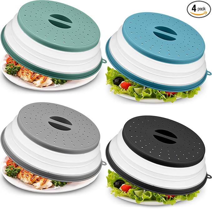 Hoolerry 4 Pack Microwave Splatter Cover for Food Silicone Lids Kitchen Gadget Set Microwave Cover with Water Steamer Kitchen Ware Set Splatter Cover(Gray, Black, Ink Blue, Dark Green)
