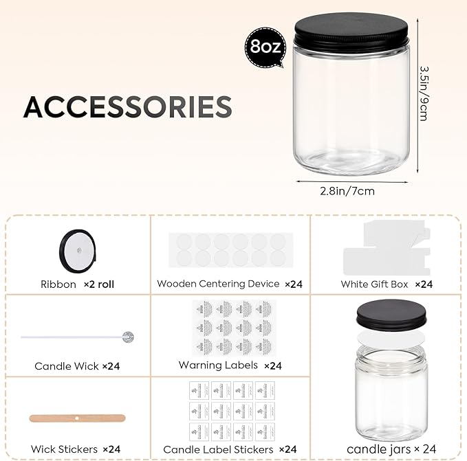 24 Pack 8OZ Thick Glass Jars with Metal Lids,Candle Jars for Candle Making with Kits & Labels & Gift Box,Empty Glass Jars for Food Storage,Canning, Spices, Liquids