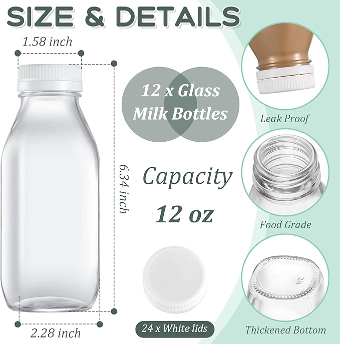 Gerrii 12 Pcs 10 oz Glass Milk Bottles with Lids Milk Container Glass Juice Bottles for Refrigerator with Caps Dairy Drinking Jars Containers for Yogurt,Juice,Cold Beverages and Water