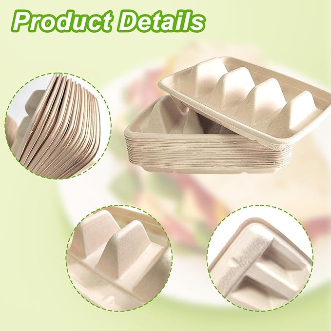 150PCS Disposable Taco Holder for Party，Disposable Taco Plates with 3 Dividers Disposable Taco Holders for Party, Taco Tray Holder, Pulp Fiber Plates Disposable for Taco Tuesday Lazy Susan Taco Bar