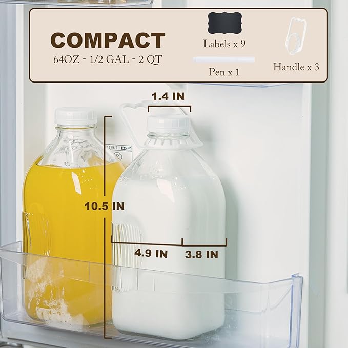 FyndraX Glass Milk Jugs Containers - Half Gallon Juice Bottles with Airtight Screw Cap and Handle for Milk, Breastmilk, Iced Tea, Cold Water, 64OZ Pitcher Set of 3