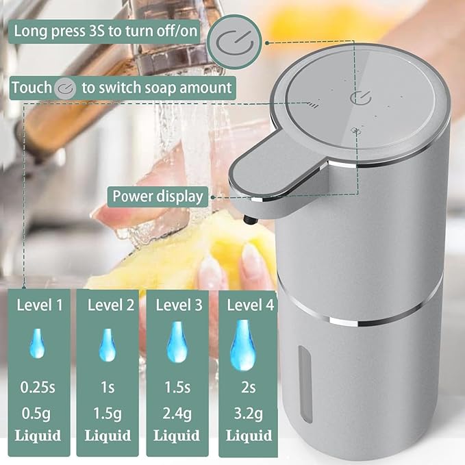 Automatic Liquid Soap Dispenser,Touchless Hand Soap Dispenser USB Rechargeabled Dispenser Electric,Wall Mounted 4 Levels Adjustable Dispenser Pump for Bathroom Kitchen Dish Soap Gray