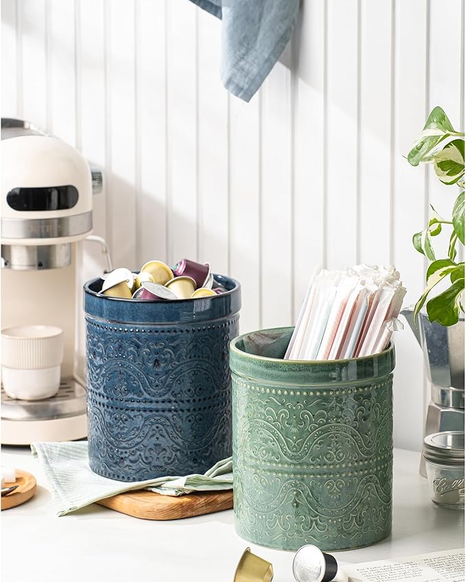 Kitchen Utensil Holder, 7 Inches Large Ceramic Utensil Holder for Countertop, Lace Emboss Cooking Utensil Crocks for Kitchen, Home Decor, Reactive Blue