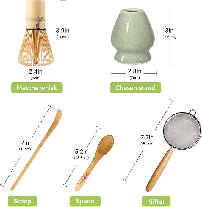 Shonmisen Traditional Matcha Tea Whisk Set with Bamboo Chasen, Ceramic Holder, Scoop, Spoon, Strainer, 5 Piece Japanese Ceremony Kit matcha whisk