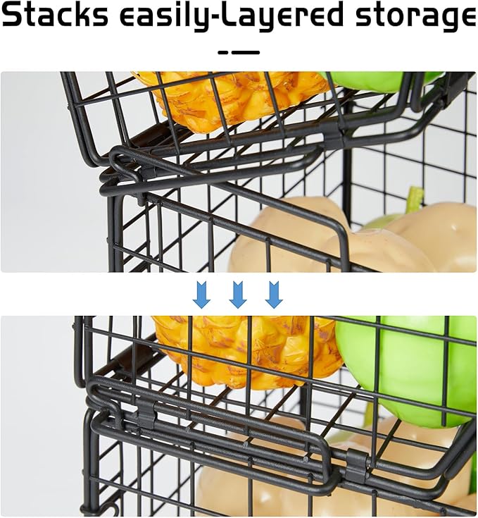 X-cosrack Stackable Wire Baskets for Counter, Fruit and Vegetable Storage, Potato and Onion Storage Bin，Kitchen Pantry Organizer - Wall Basket for Produce/Snack/Can, 3-tier Large, Black