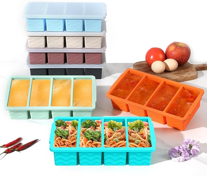 Doasuwish Silicone Freezer Tray for Soup with Lid – 1-Cup Soup Container Cube Style Ice Cube Trays for Freezer, Meal Prep & Food Storage, Freeze 250mL/125mL Portions 4Pcs (4Color)