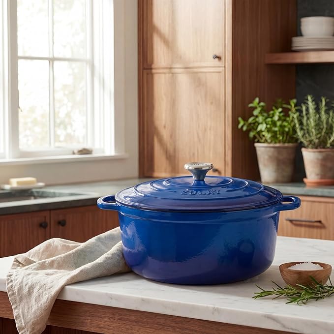 Zulay Kitchen 7.7 Quart Enameled Cast Iron Dutch Oven Pot with Lid – Premium Durability & Oven Safe up to 500°F – Heavy Duty Cookware Perfect for Bread Baking, Stews, Braising & Roasting – Blue