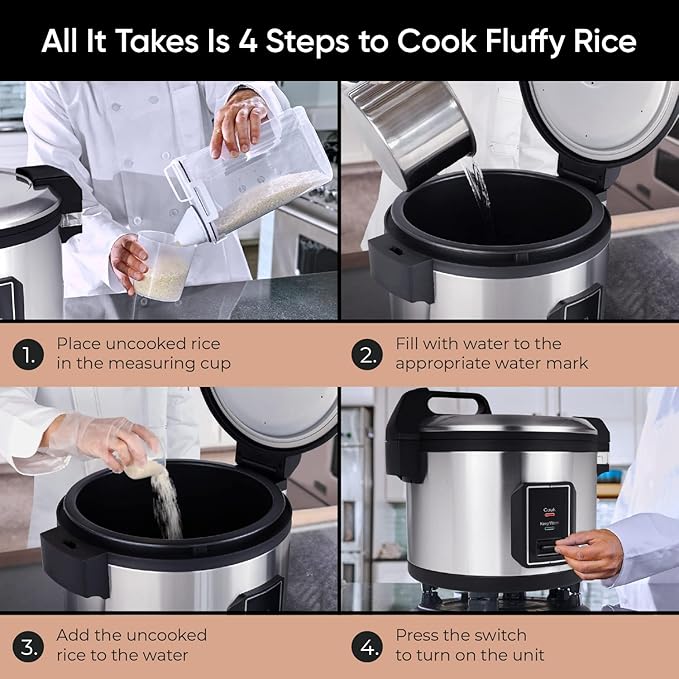 Commercial Stainless Steel Rice Cooker - Professional 64 Cup Cooked (32 Cup Uncooked) Rice Maker Cooker With Non Stick Pot & Hinged Lid - Includes a Rice Measuring Cup & Rice Scoop