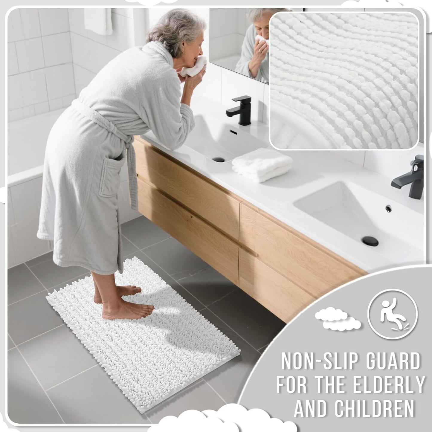 Yimobra Bathroom Runner Rug 55x24 Inch - Extra Long Non Slip Chenille Bath Mat, Soft & Absorbent, Machine Washable Shaggy Hallway Carpet for Vanity Tub Shower, White Home Decor Accessories