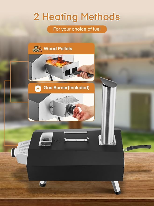 Outdoor Pizza Oven, 12inch Portable Wood Pellet and Gas Pizza Oven, Heats up to 1000°F, with Gas Hose & Pizza Stone, Tabletop Stainless Steel Pizza Oven for Backyard, Camping, Picnics, Black