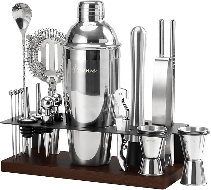23-Piece Bartender Kit, Cocktail Shaker Set with Stand | Bar Set Drink Mixer Set with All Essential Bar Tools: Martini Shaker,Bar Mixer Spoon, Jigger, Strainer, Muddler, Pourers, for Home, Bar, Party