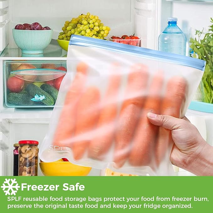 SPLF 6 Pack Reusable Gallon Freezer Bags Dishwasher Safe, BPA Free 1 gallon Leakproof Silicone and Plastic Free Food Storage Bags for Meal Prep, Fruits, Sandwich, Snack, Travel Items - Muticolor