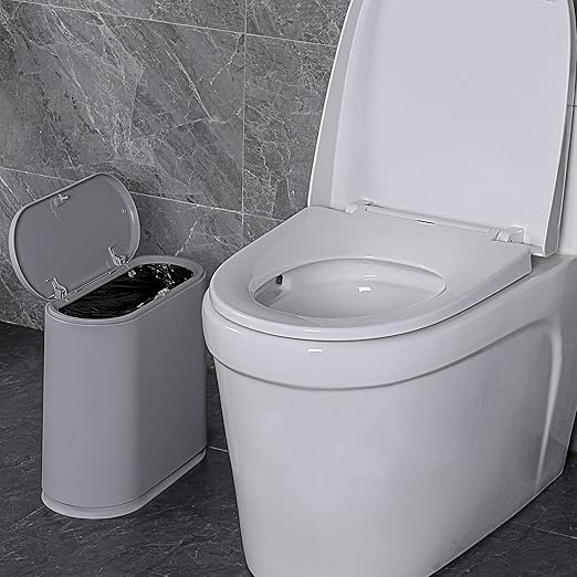 Sooyee 10 Liter Rectangular Slim Plastic Trash Can Wastebasket with Press Type Lid, 2.4 Gallon Garbage Container Bin for Bathroom, Powder Room, Bedroom, Kitchen, Craft Room, Office, Gray