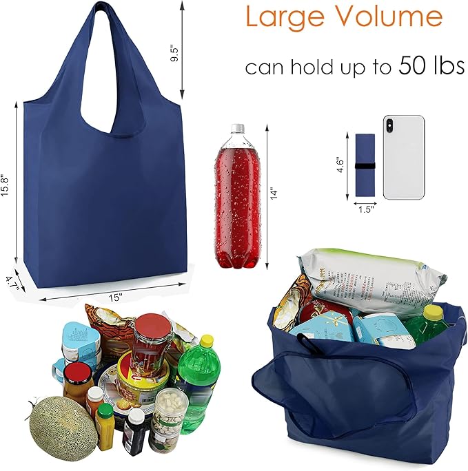 BeeGreen Navy Blue Reusable Grocery Bags Bulk 10 Packs, Kitchen Reusable Shopping Bags 50LBS Large, Machine Washable Durable, Easily Foldable with a Storage Bag