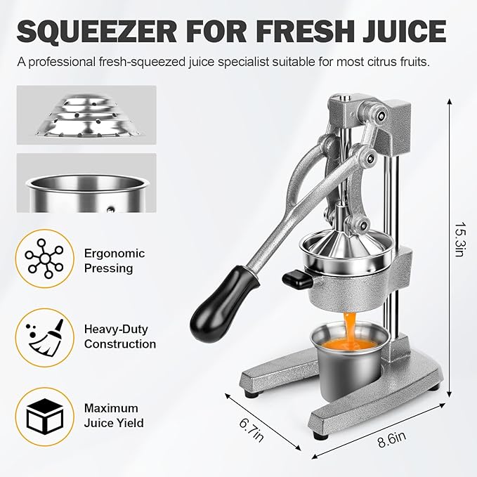 Manual Citrus Juicer, Hand Press Lemon Squeezer - Heavy Duty Cast Iron Juicer Press with Stainless Steel Cone, Efficient for Orange Lime Lemon, Easy to Clean GRAY