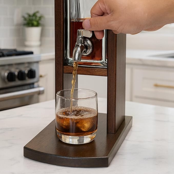 Whiskey Decanter with Tap, Glass and Wood Liquor Dispenser for Home Bar, Bourbon Tequila and Scotch Decanter, Unique Whiskey Gift Set for Men and Whiskey Lovers