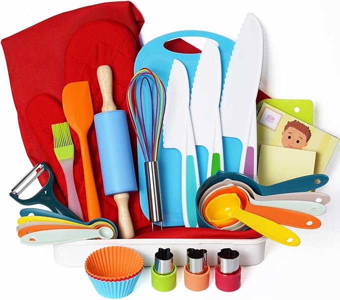 Kidz Cooking and Baking Supplies Set with Gift Storage Box, Complete Junior Chef Cooking Kit, Girlz & Boyz Childrenz Real Bakeware Accessories, Real Cookware and Baking Utensils Sets for Kidz