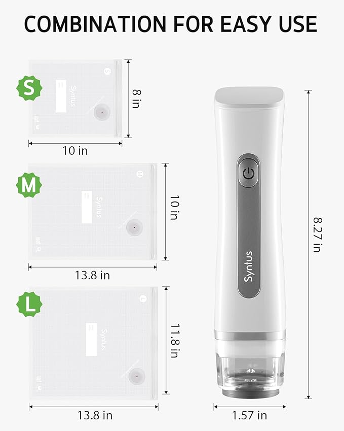 Syntus Vacuum Sealer Bags for Food, Food Storage Bags for Sous Vide Cooking Microwave Heating, Air Valve Zipper Bags & Zip Clips, 30 Bags (S+M+L) + 1 White Vacuum Sealer