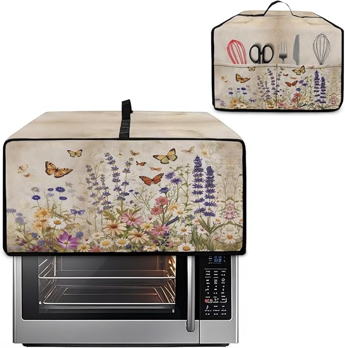 Toaster Oven Cover Washable Small Kitchen Appliance Dust Cover with Pockets, for Air Fryer Toaster Ovens, Microwaves, M, 16.5 x 20.5 x 10 Inches, Retro Floral Butterfly Print