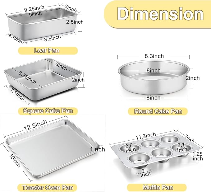 TeamFar Bakeware Sets, Stainless Steel Toaster Oven Baking Roasting Pans, Square/Round Cake Pan, Loaf Pan & Muffin Pan, Healthy & Heavy Duty, Smooth & Dishwasher Safe-5 PCS
