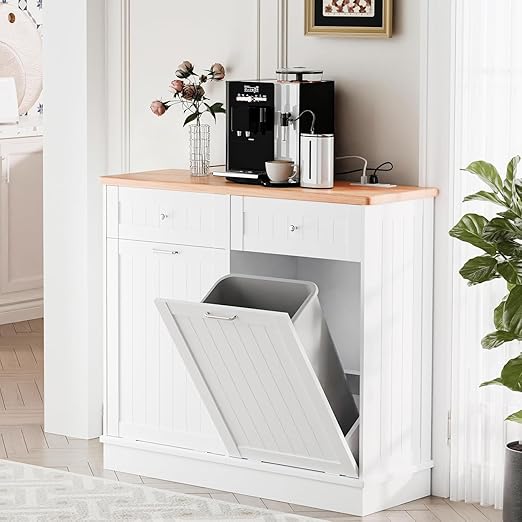 Betterhood Double Tilt Out Trash Cabinet with Power Outlet, 10 Gallon Trash Cabinet with Storage,Pet Proof Trash Can with 2 AC & USB Sockets for Kitchen,Living Room (White, Double Door)