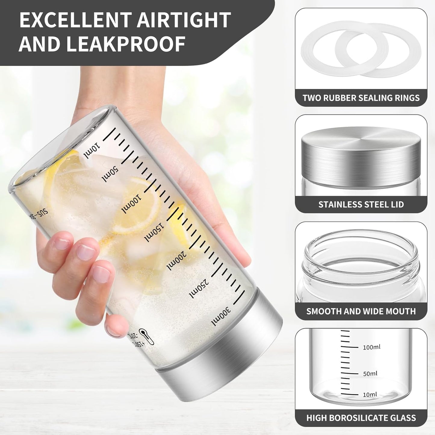 8 Oz Glass Juice Bottles, 4 Pack Glass Bottles with Lids, BPA Free, Borosilicate Glass, Leak Proof Lids for Juicing, Smoothies, Infused Water, Beverage Storage, Shaker Bottles