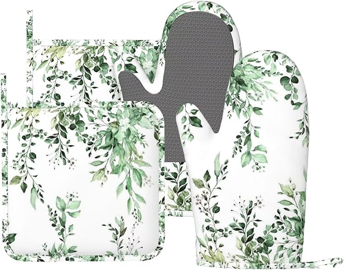 Olive Green Eucalyptus Oven Mitts and Pot Holders Set, 4pcs Silicone Watercolor Plant Leaves with Floral Oven Glove for Kitchen Heat Resistant Oven Mitts and Potholders Non-Slip for Cooking
