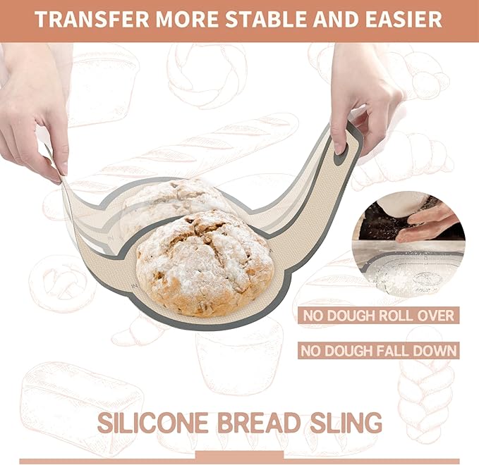 Silicone Bread Sling, Easy Clean Reusable Baking Mat With Extra Long Handles for Dutch Oven, Transfer Bread Dough Easily, 2-Piece Set Grey