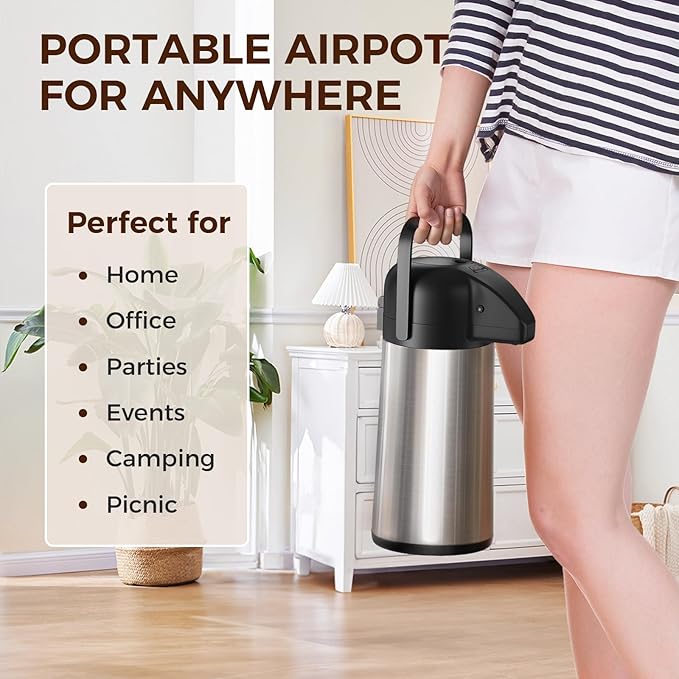 Coffee Carafe for Keeping Hot - Gezoss 64OZ / 1.9L Airpot Coffee Dispenser with Pump - Large Coffee Carafe for Hot Drinks Tea Liquid - Insulated Stainless Steel Hot Water Beverage Urn for Parties