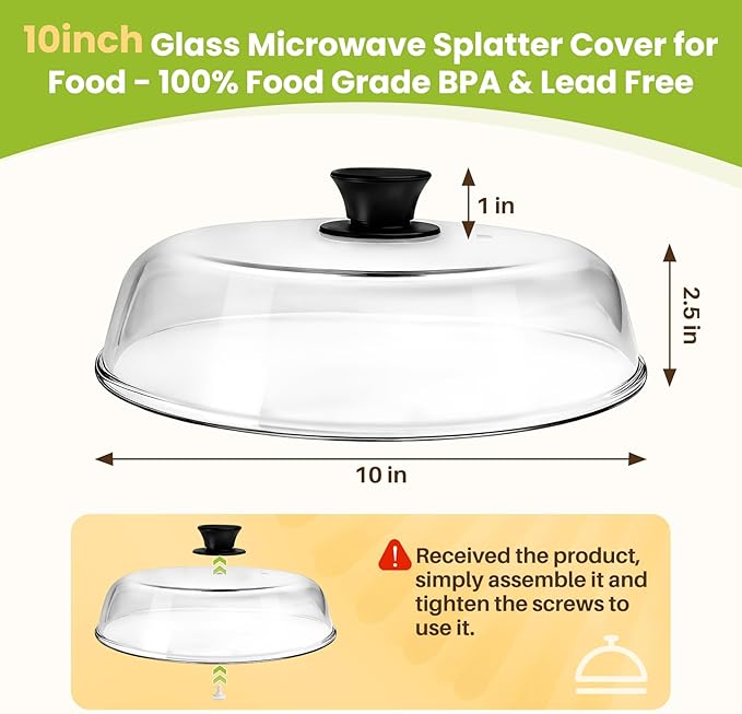 10in Glass Microwave Splatter Cover Microwave Safe Glass Lid Cover with Ceramic Screw, Heat Resistant Tempered Glass Splatter Guard, Vented Universal Microwave Plate Cover, Dishwasher Safe