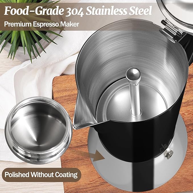 12 Cup Thickened Moka Pot 304 Stainless Steel 600ml Italian Espresso Coffee Maker Stovetop CoffeeMakers Mocha Pot Percolator for Induction Stove Classic Cafe Makers Portable for Easy Brewing