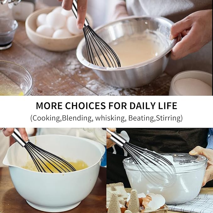 TEEVEA Silicone Whisk Set of 3 Non Scratch Non Stick Silicone Coated Stainless Steel Wire Whisks Heat Resistant 480°F Kitchen Wisk for Cooking Blending Whisking Tool Black