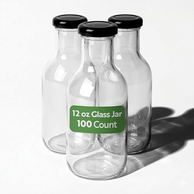 Restaurantware Pack Of 100 Glass Bottles 12 Oz Twist Lock Lid Small Bottles With Lids, Glass Bottle with Lids Durable Hot and Cold Friendly Clear Bottle for Storage, BPA-Free Mini Containers With Caps