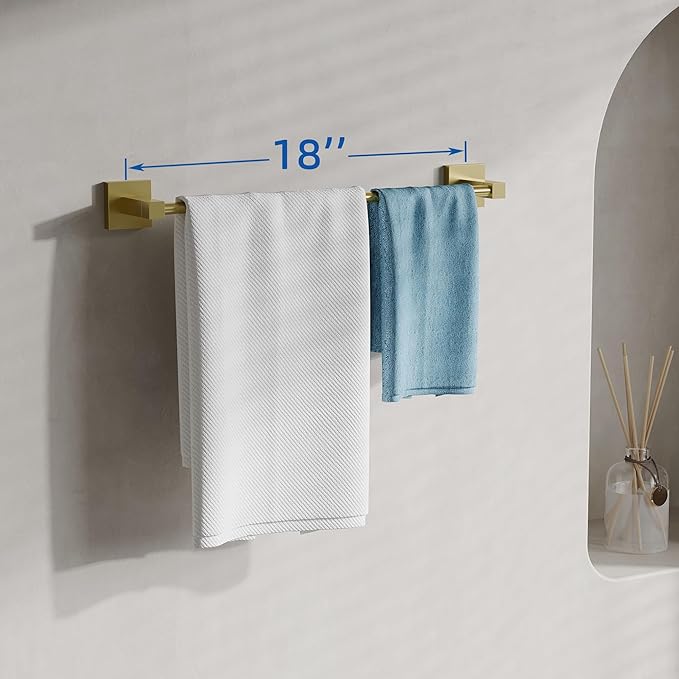 RUACQ Gold Towel Bar 18 inch, 304 Stainless Steel Towel Racks for Bathroom Wall Mounted, Heavy Duty Bath Towel Rod with Square Base(Brushed Gold)