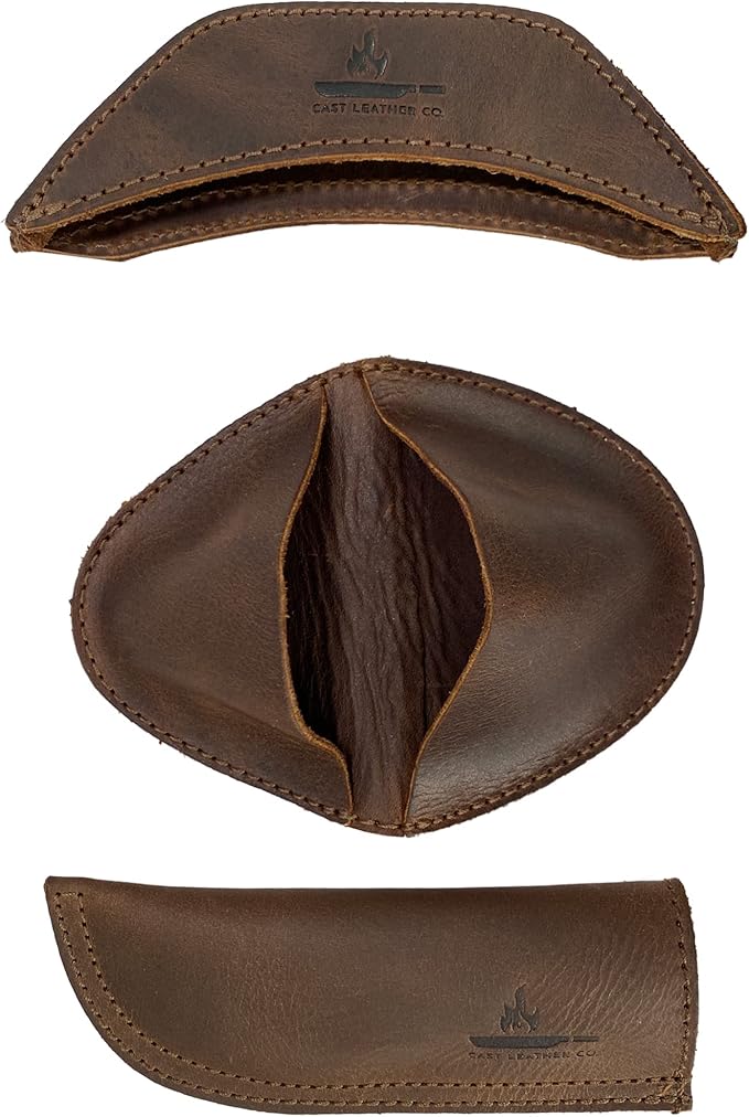 Set of 3 Rustic Hot Handle Holders, Panhandle, Side Kick & Grip Mitt, Assist Grip for Cast Iron Skillets & Pans, Full Grain Leather, Handmade, Bourbon Brown