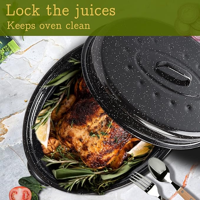 Roasting Pan 18.3 inch Roaster Pan Set Enamel Oven Roaster Pan with Lid for Turkey Chicken Cookware