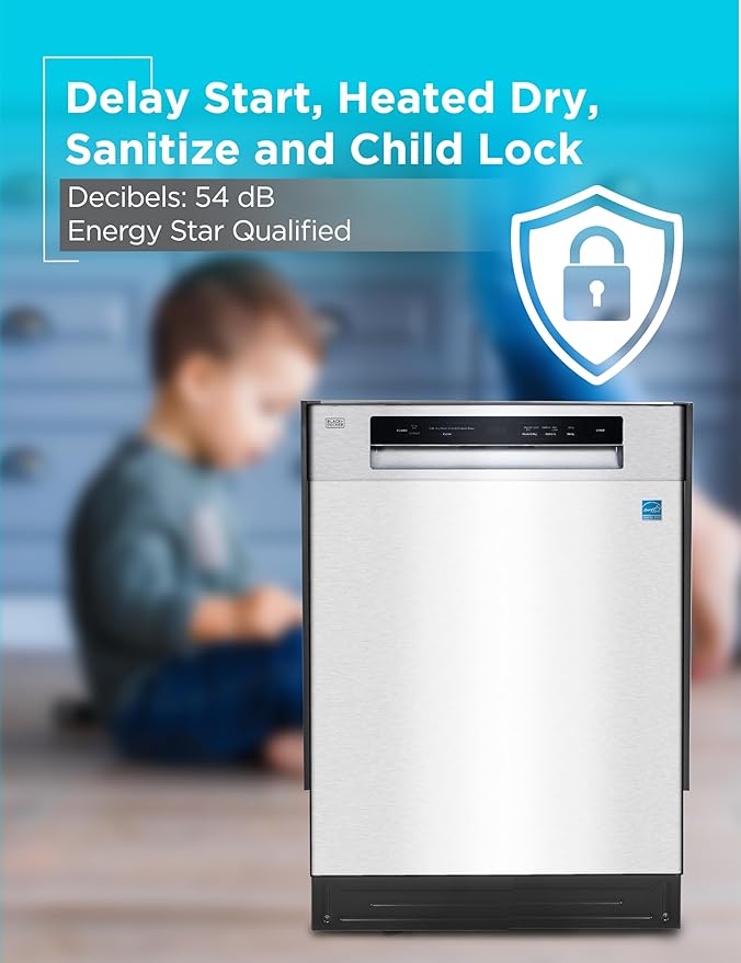 BLACK+DECKER 24" Built-In Dishwasher, 12-Place Setting Capacity with Stainless Steel Tub, Dish Washer with 5 Wash Programs and Smart Wash Cycle, ENERGY STAR Certified, BDW100MS, Stainless Steel