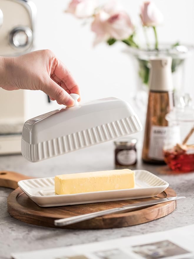 Ceramic Butter Dish with Lid, White Butter Holder Container with Porcelain Cover Knob Handle, Butter Dishes for Countertop