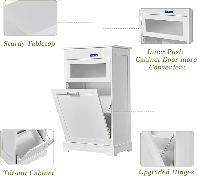 VECELO Tilt Out Trash Can Cabinet, Dog Proof Recycling Garbage Bin with Negative Ion and Deodorizing Function, Spacious Wood Top, Dual-Opening Designs, for Kitchen/Bedroom/Laundry, White