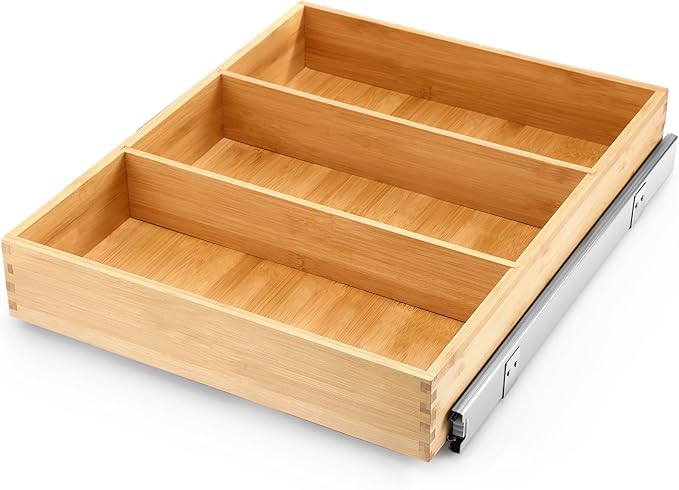 Fabsome Pull Out Cabinet Drawer Organizer for Kitchen, Sliding Bamboo Wood Storage Rack Organization, Gliding Cupboard Shelf for Pantry, Slide Out Spice Rack Container Lid Organizer, 18”W x 21”D