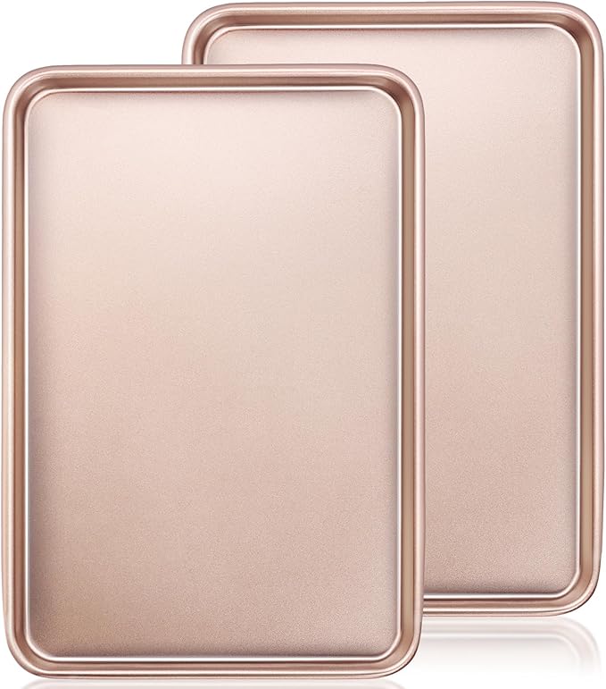 Wildone 2 Pack Jelly Roll Pan, Nonstick Baking Sheet for Oven, Thicker Carbon Steel Cookie Sheet 15x10 Inch, Heavy Duty & Easy Clean, Rose Gold