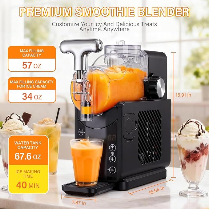 2-in-1 smoothie/soft ice cream machine, 57oz Frozen Drink Maker, 5 Preset Modes, Auto-Cleaning, No Ice Needed, for Milkshakes, Margarita Slushies & Frozen Beverages
